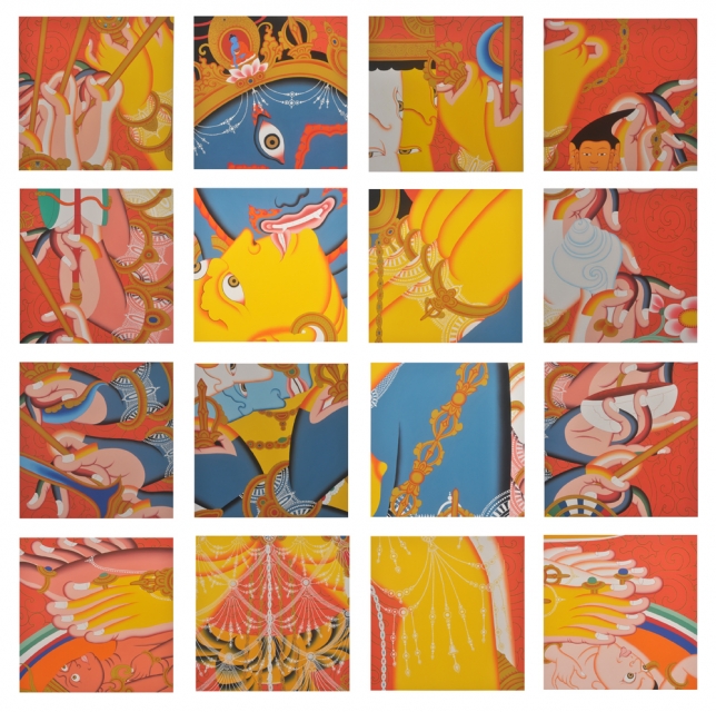 Tsherin Sherpa, 16 Views of Wheel of the Time (Kalachakra), 2014, Acrylic and ink on canvas, 16 panels each 50.8 x 50.8 cm (20 x 20 in), SHER0005 