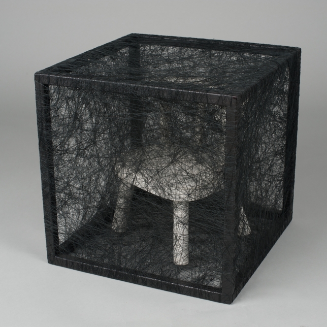 Chiharu Shiota, State of Being (Chair), 2011 , Metal, Chair, Black Thread, 30 x 30 x 30 cm | 11.81 x 11.81 x 11.81 in, # SHIO0038 