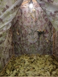 Geraldine Javier, It's not Exactly Paradise, 2013, Interior of the tent: Oil on canvas; tatting lace, preserved bird, skeletonized leaves, 157,5 x 137,2 cm | 62.01 x 54.02 in, # JAVI0008 