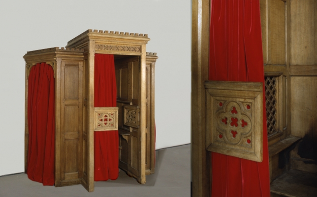 The Confessional, 1983, mixed media sound installation, english edition, Installation made of a confessional and a soundtrack with the text of 'Suite Vénicienne' in voice-over, 240 x 210 x 110 cm / 94.49 x 82.68 x 43.31 inch 